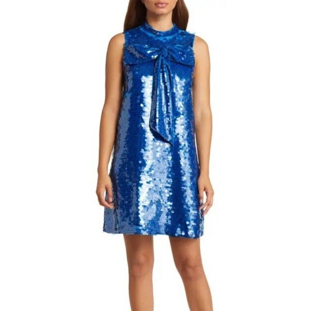 CIEBON Womens Large Blue Anita Bow Sequin Sleeveless Mini Cocktail Party Dress
